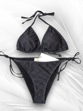 Black Monogram Bikini Set Triangle Tie Side Swimsuit Minimalist Sexy Swimwear L